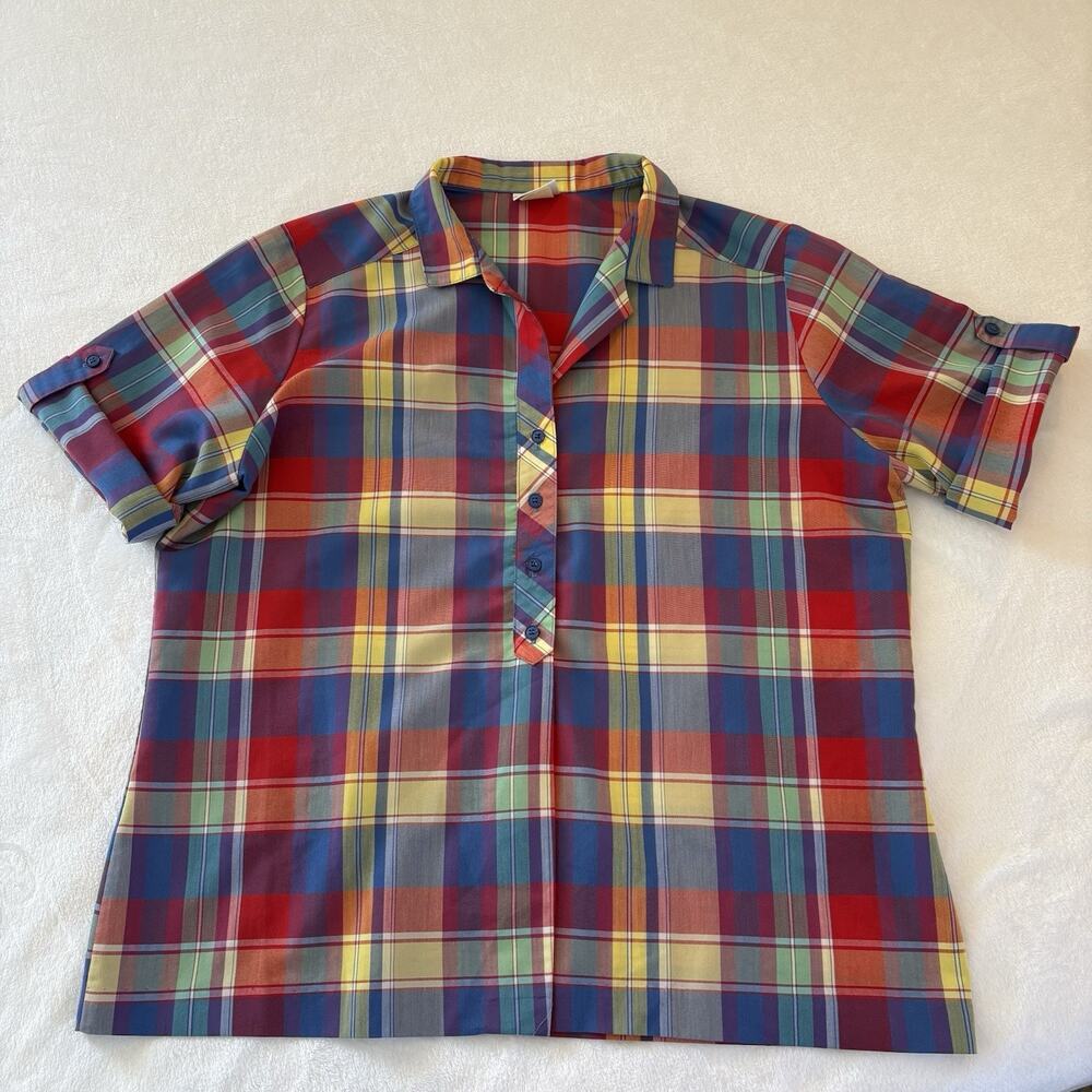 Vintage 70s Koret Plaid Button Down Short Roll Tab Sleeve Shirt Union Made Sz XL